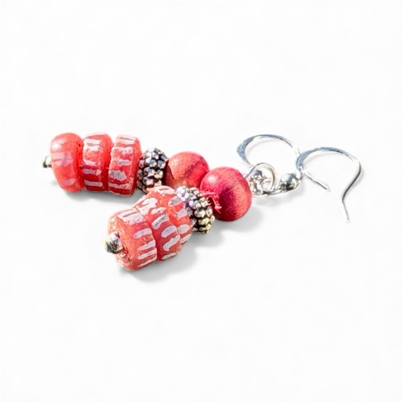 Handcrafted Red striped sand cast glass & wood Earrings - Picture 16 of 16